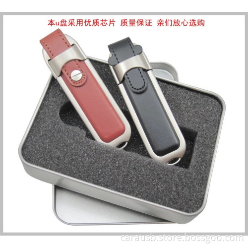 Steel edge inlaid leather case custom gift Usb flash disk gifts elongated shape